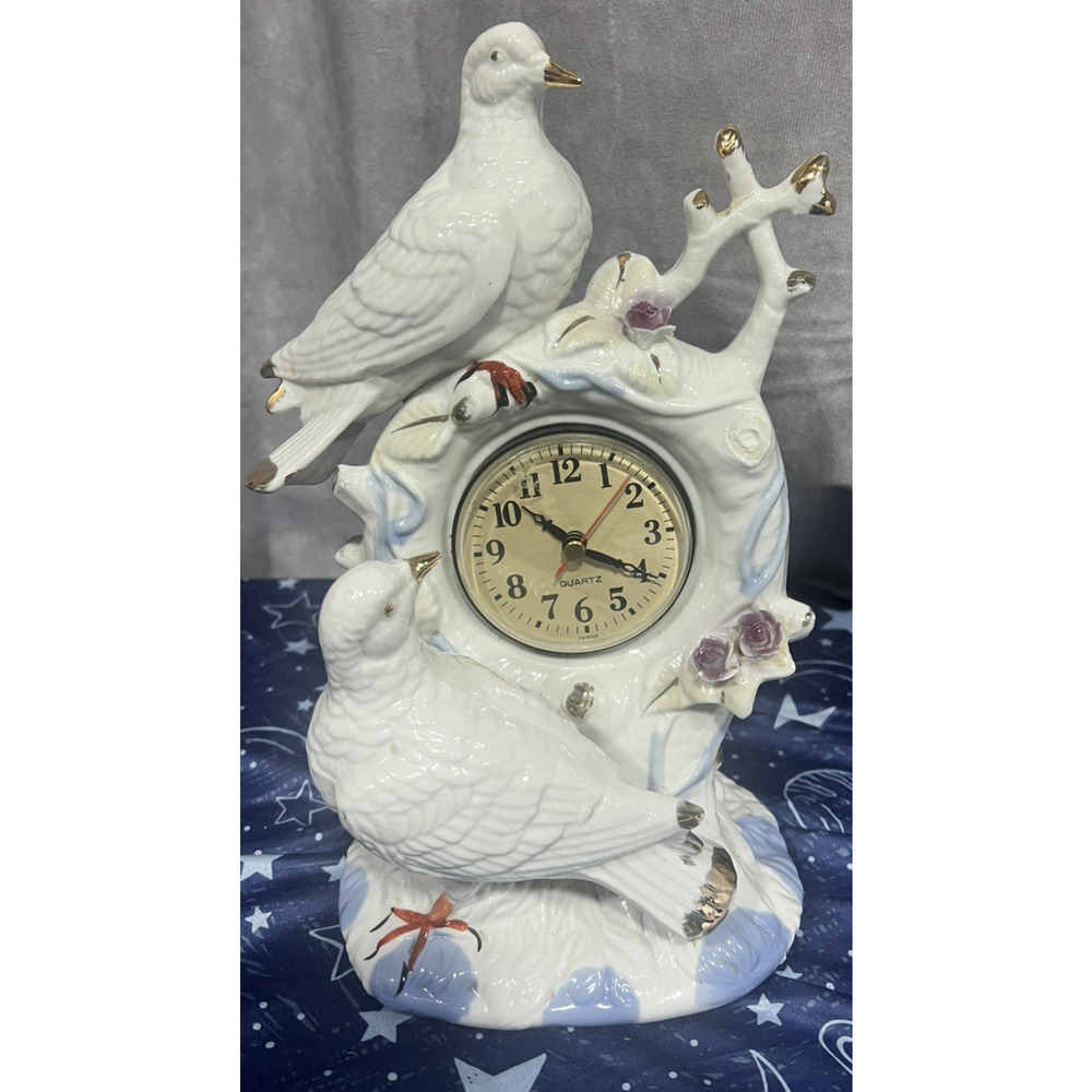 elegant vintage white iradecent ceramic clock birds doves purple roses works